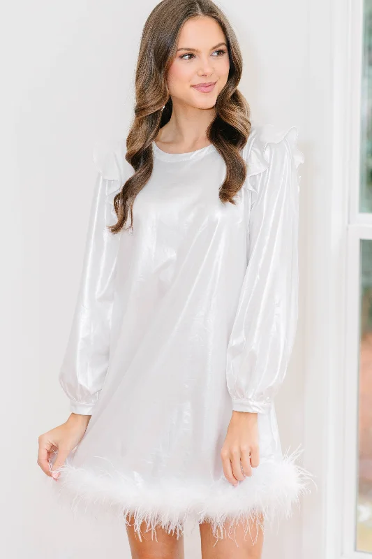 Women's Party Outfit Rising Star White Metallic Feather Trim Dress