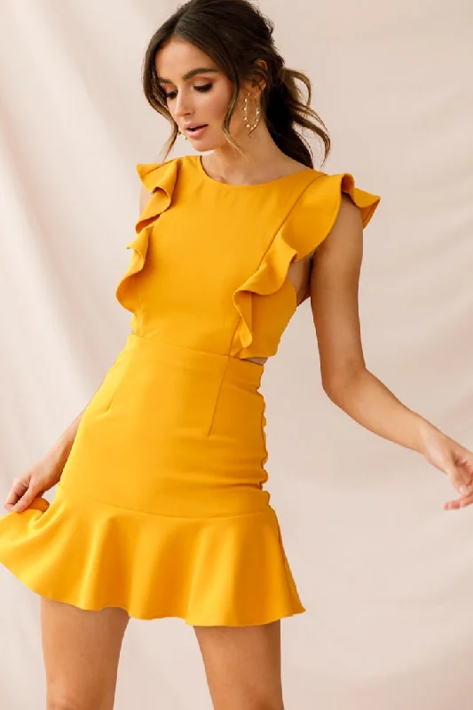 Versatile Women's Clothing for All Occasions Jackie Wide Ruffle Hem Pinafore Dress Mustard