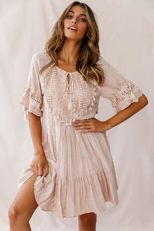 Chic Women's Clothing for Work and Travel Jada Crochet and Tassel Kaftan Dress Beige Chic Women's Clothing for Work and Travel Jada Crochet and Tassel Kaftan Dress Beige