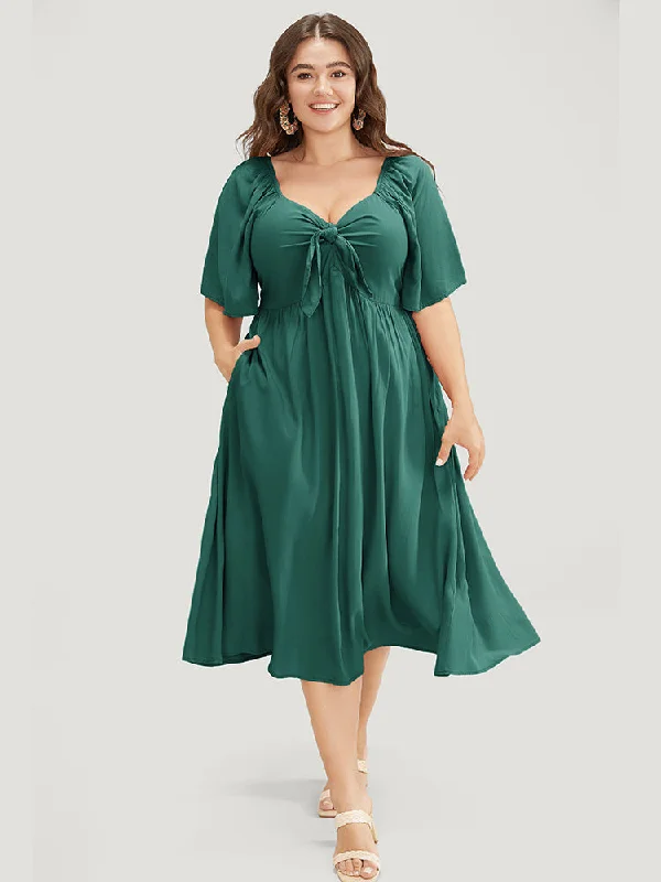 Women's Comfy Loungewear Outfit Solid V Neck Ruched Knotted Pocket Ruffle Hem Dress
