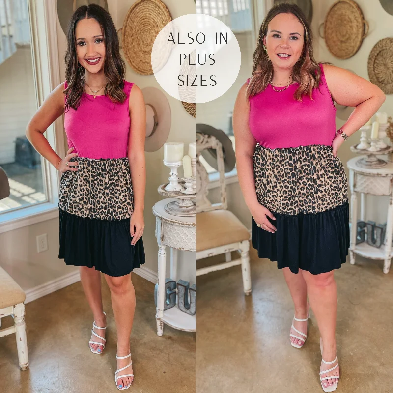 Comfortable Women's Clothing Right On Time Ruffle Tiered Leopard Print Block Dress in Fuchsia Comfortable Women's Clothing Right On Time Ruffle Tiered Leopard Print Block Dress in Fuchsia