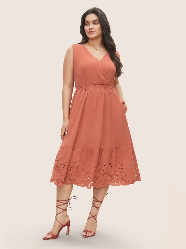 Stylish Women's Apparel Plain Laser Cut Shirred Wrap Tank Dress