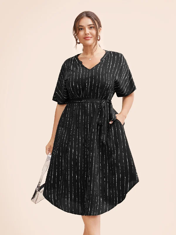 Women's Tailored Outfit V Neck Striped Curved Hem Dress