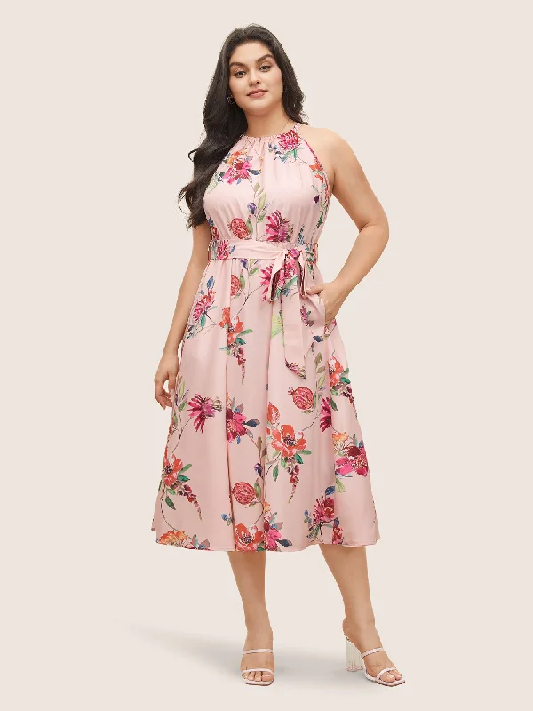Women's Romantic Outfit Citrus Fruit Print Halter Belted Gathered Dress