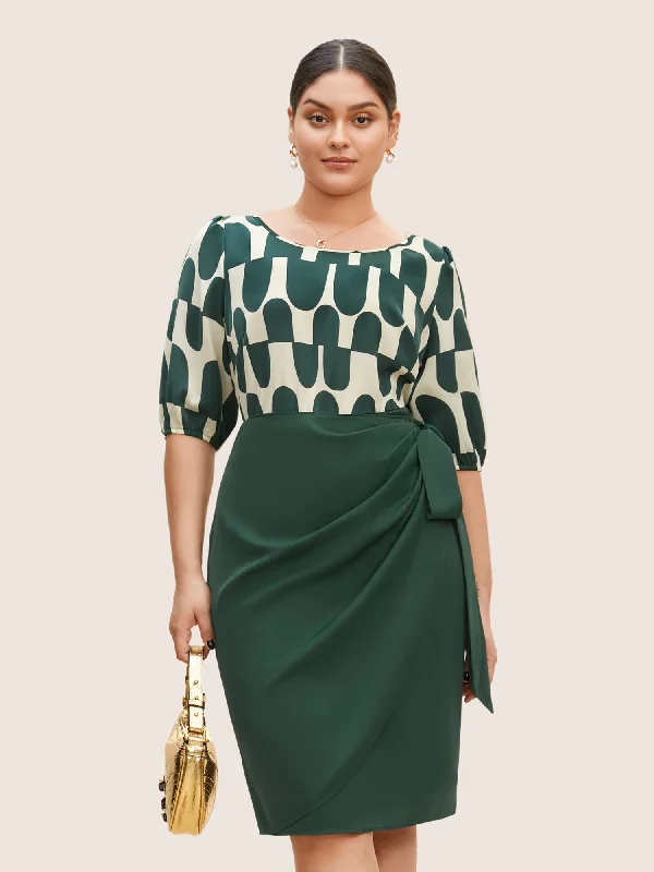 Versatile Women's Clothing for All Occasions Geometric Patchwork Tie Knot Split Hem Dress