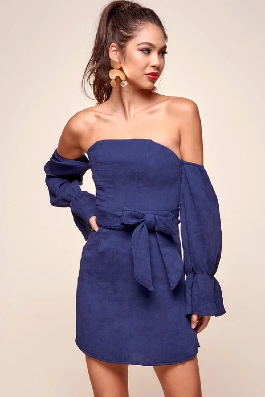 Sophisticated Women's Fashion Veronica Off the Shoulder Bell Sleeve Dress Navy