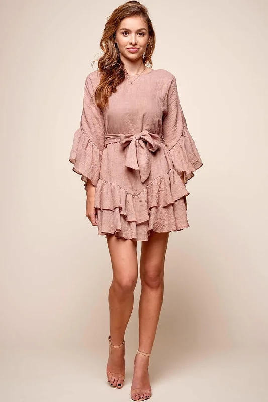 City Fashion Wilshire Tiered Ruffle Hem Dress Sandalwood