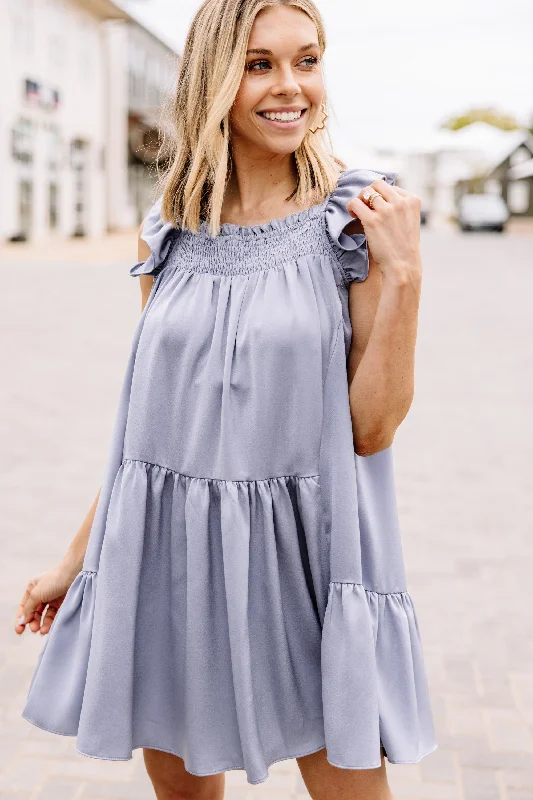 Women's Holiday Clothes Just Like That Blue Gray Ruffled Dress