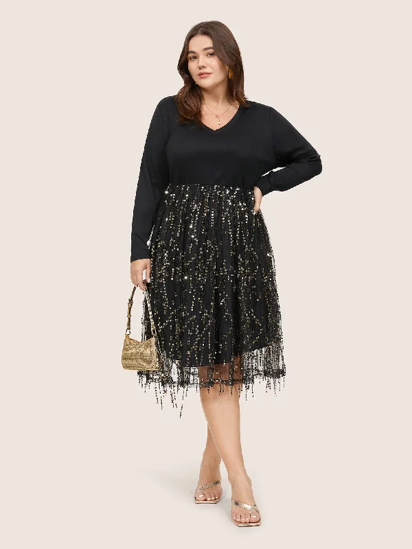 Street Style Fashion Patchwork Sequin Mesh Tassel Trim Dress