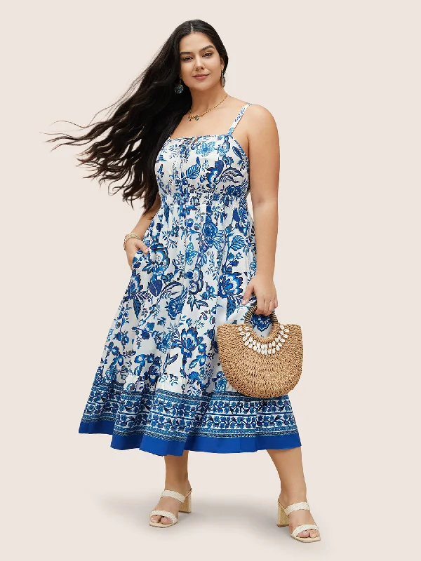 Affordable Luxury Women's Garments Boho Print Tie Knot Shirred Cami Dress