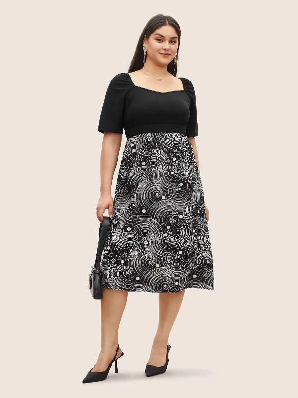 Clearance Sale Online Figurative Print Patchwork Pleated Square Neck Dress