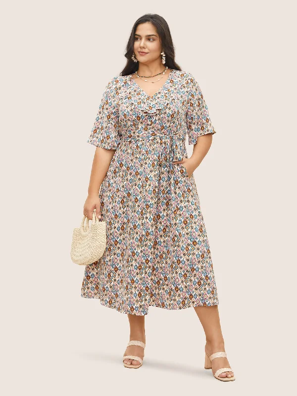 Contemporary Women's Clothing Bandana Geometric Ruffle Trim Belted Dress