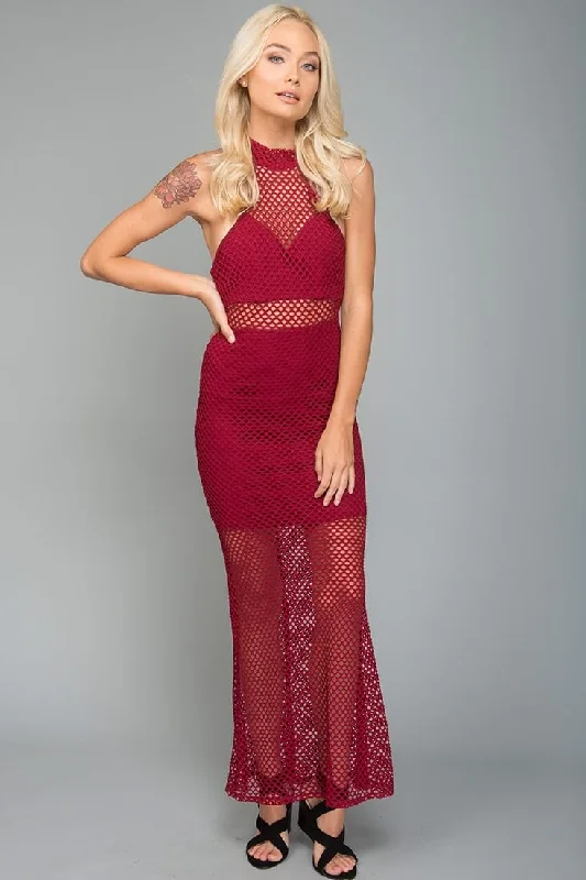 Women's Clothes For Work Danielle Halter Mesh Dress Burgundy