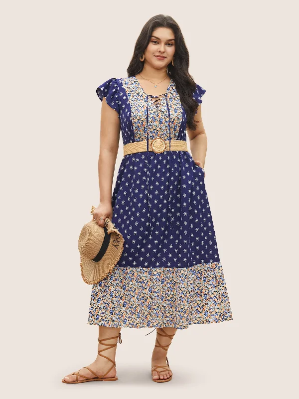 Comfortable Casual Wear Boho Print Ruffle Cap Sleeve Lace Up Dress