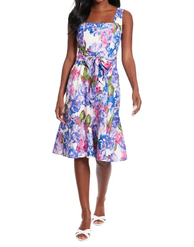 Women's Holiday Clothing Square Neck Fit & Flare Dress In Ivory/lilac Multi