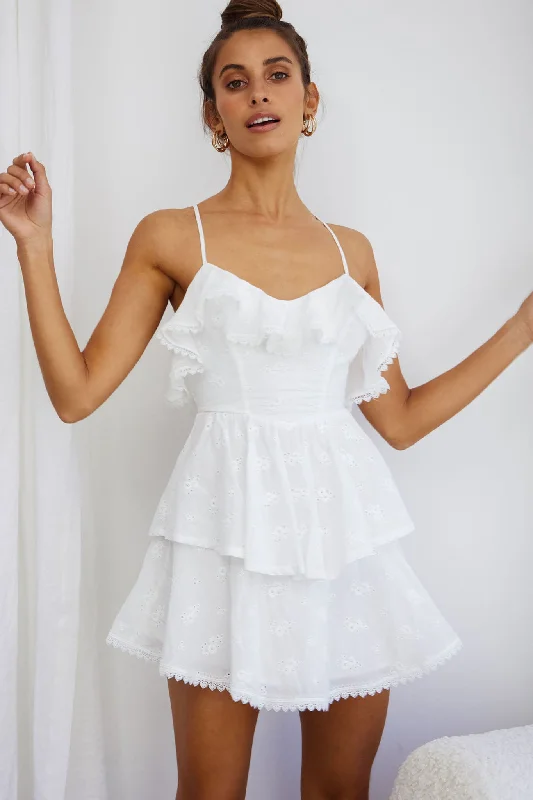 Timeless Women's Outfit Tameka Ruffle Trim Layered Hem Eyelet Dress White