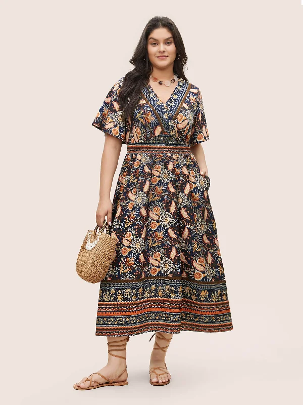 Fashionable Women's Clothes Bandana Print Shirred Overlap Collar Flutter Sleeve Dress