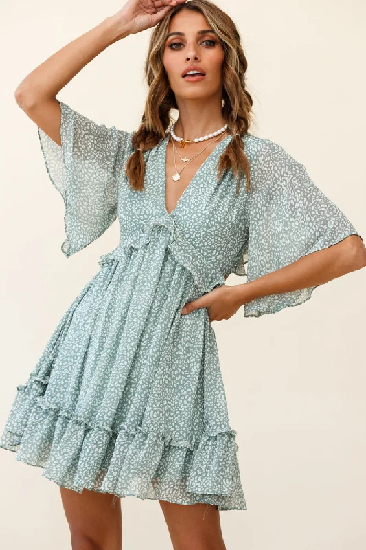 Women's Sporty Chic Clothes Flissy Angel Sleeve Cut-Out Babydoll Dress Speckle Print Olive