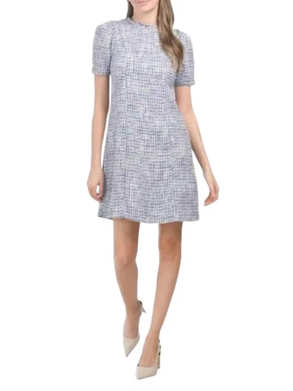 Modern Women's Clothes Metallic Boucle Mini Sheath Dress In Ice Denim Multi