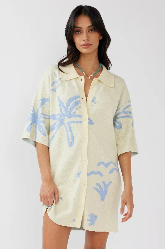Women's High-End Clothing Nalani Button Up Knit Dress Lemon/Baby Blue