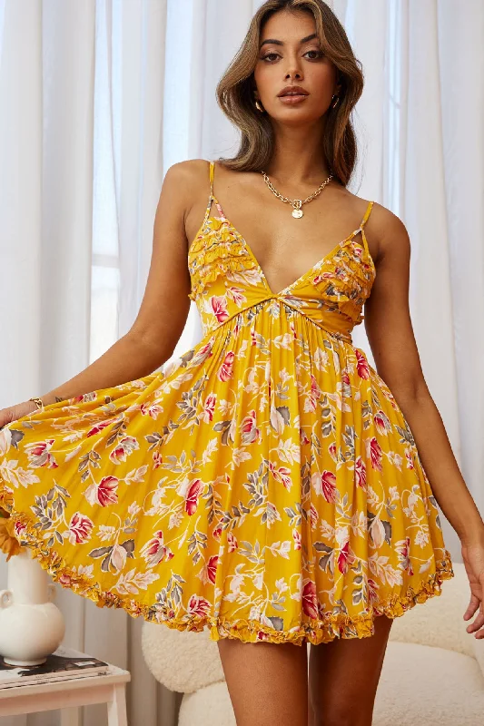 Elegant Clothing For Women Dote On Me Frill Trim Strappy Back Dress Flower Print Mustard