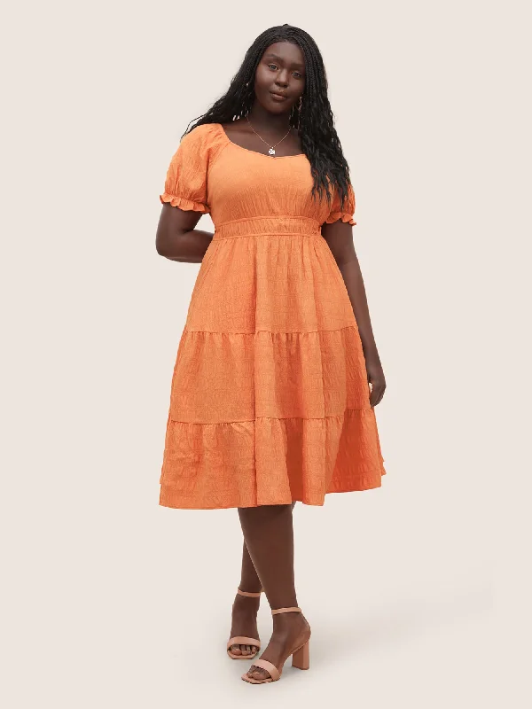 Women's Seasonal Garments Plisse Flutter Patchwork Hem Lantern Sleeve Dress