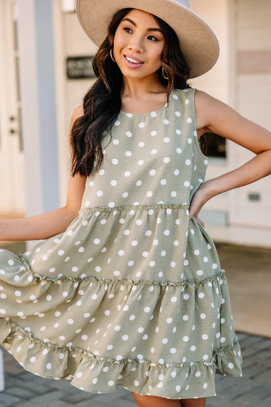 Women's Stylish Casual Garments It's All Up To You Olive Green Polka Dot Dress