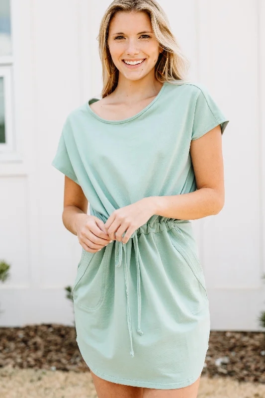 Women's Sporty Chic Clothes With You Always Dusty Sage Green Drawstring Waist Dress