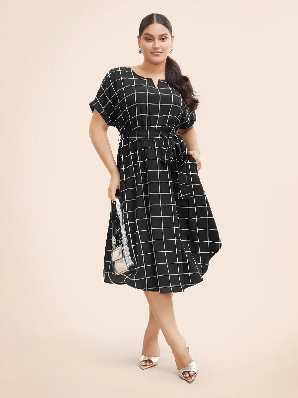 Women's Travel Garments Plaid Notched Collar Dolman Sleeve Dress