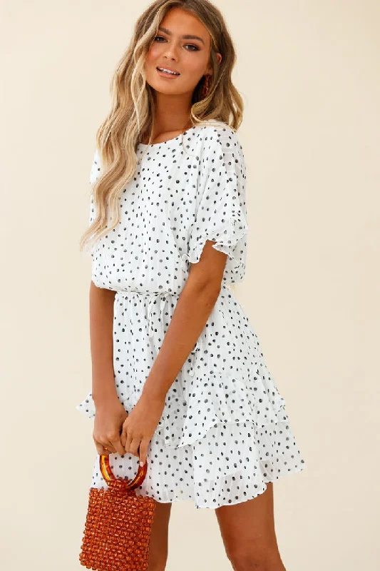 Holiday Gift Guide Sale Mollina Frill Sleeve Layered Hem Dress Spot Print White