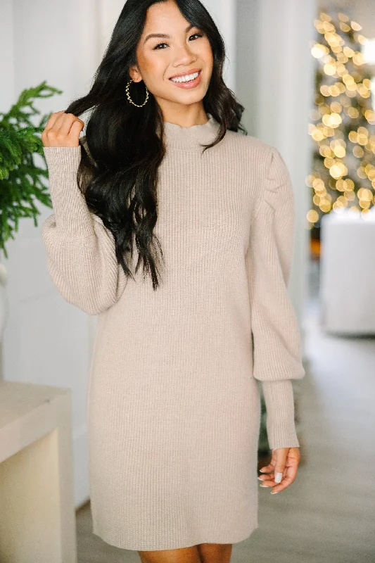 Premium Fashion Tell You Everything Taupe Brown Ribbed Sweater Dress