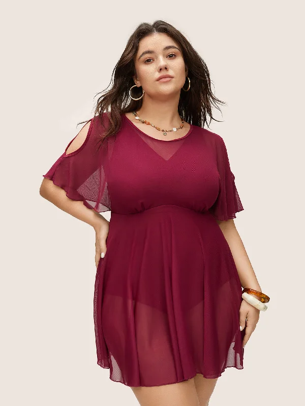 Evening Looks Plain Flutter Sleeve Tiered Mesh Swim Dress