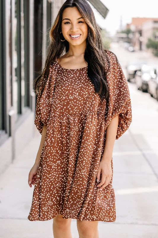 Women's Evening Wear Outfit In My Thoughts Brown Spotted Babydoll Dress