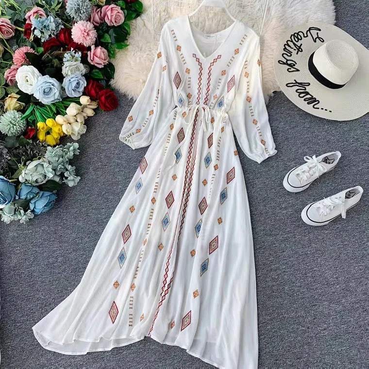 Casual Chic for Women goddess dress, V-neck white dress, embroidered dress