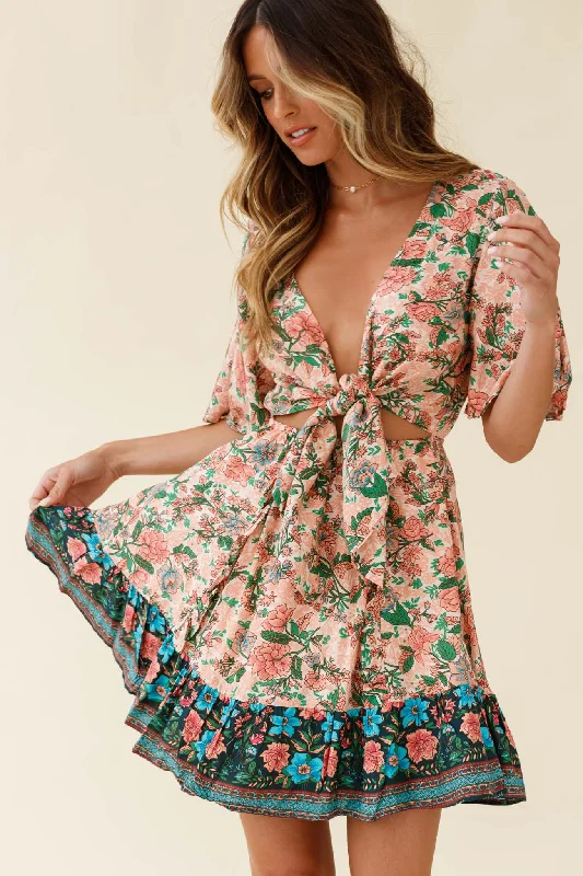 Women's Everyday Clothes Suva Tie-Knot Bust A-Line Dress Botanic Print Nude