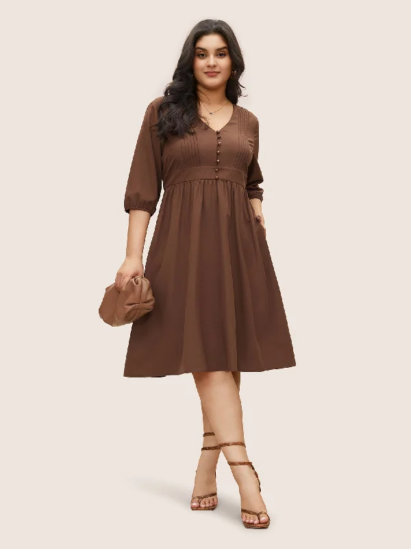 Women's Stylish Casual Garments Solid Pleated Button Detail Lantern Sleeve Dress