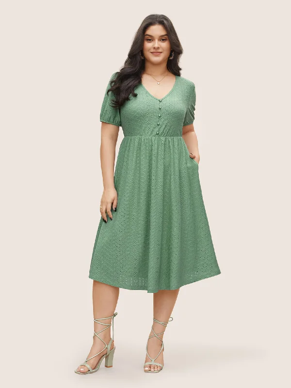 Women's Floral Print Outfit Solid Hollow Out Button Detail Elastic Waist Dress