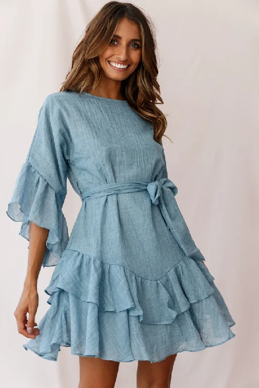 Premium Style Wilshire Tiered Ruffle Hem Dress Denim Blue