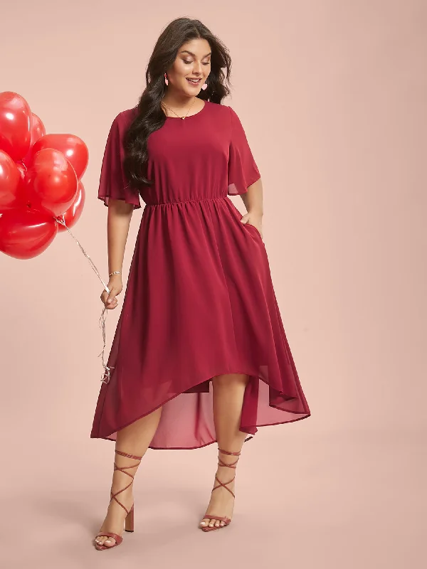 Fashion Forward Hi-Low Hem Plain Ruffle Sleeve Dress