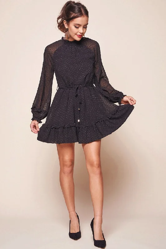 Women's Trendy Outfit Tracee Open Black Ruffled Hemline Dress Black
