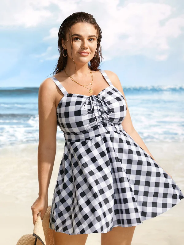 Sale On Sale Plaid Heart Neckline Drawstring Ruched Swim Dress