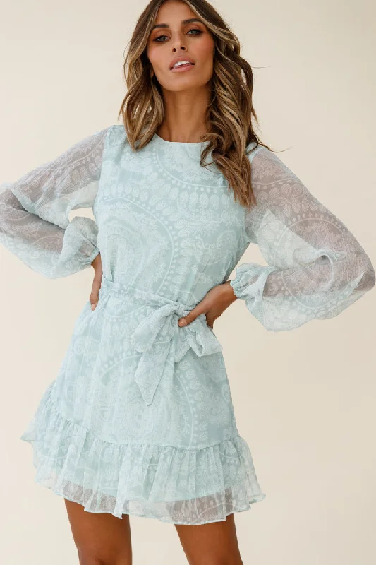 Contemporary Women's Clothing Always & Forever Long Balloon Sleeve Crew Neck Dress Paisley Print Mint