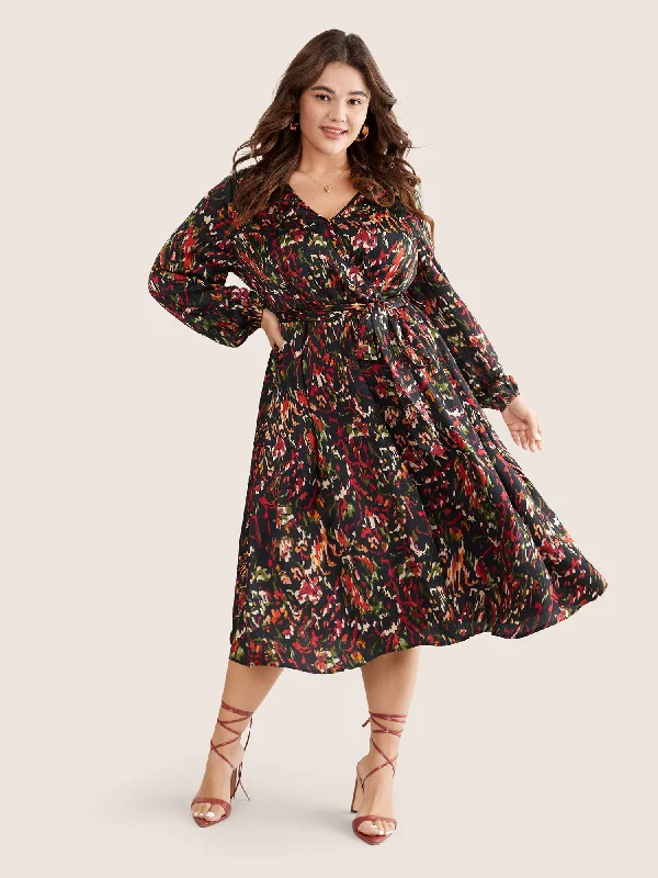 Women's Clothes Boho Print Wrap Pocket Lantern Sleeve Dress