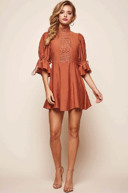 Chic & Cozy Apparel Martha High Neck Babydoll Dress Rust