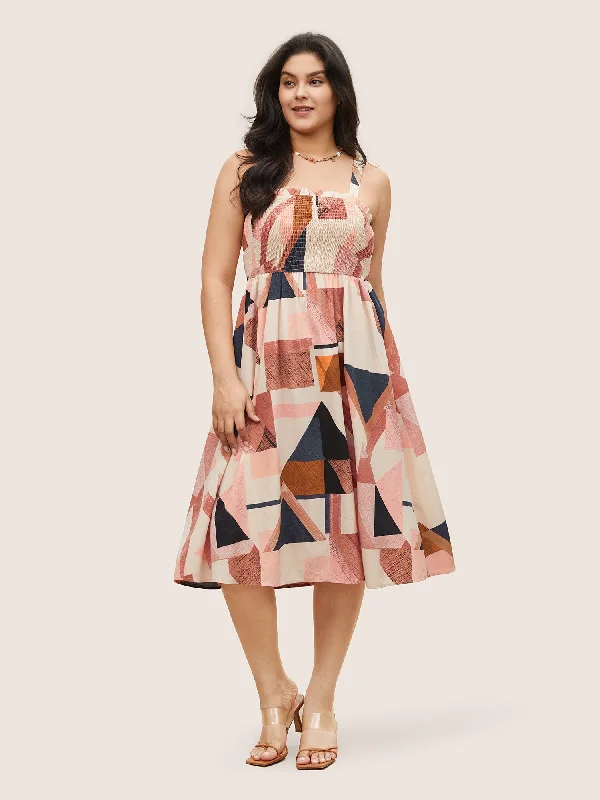 Relaxed Style Geometric Colorblock Shirred Frill Trim Cami Dress