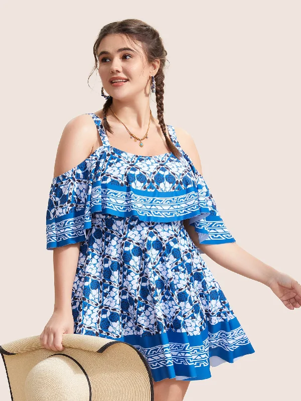 Best Boutiques Online Off Shoulder Boho Print Ruffle Trim Swim Dress