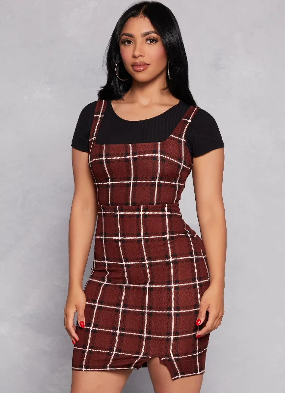 Women's Fashionable Clothing Sets Almost Famous Plaid Tank Dress with Tee