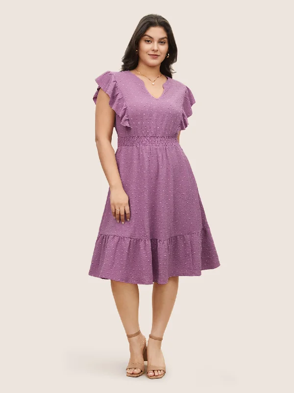 Fashion-Forward Women's Clothing Solid Textured Shirred Patchwork Ruffles Dress