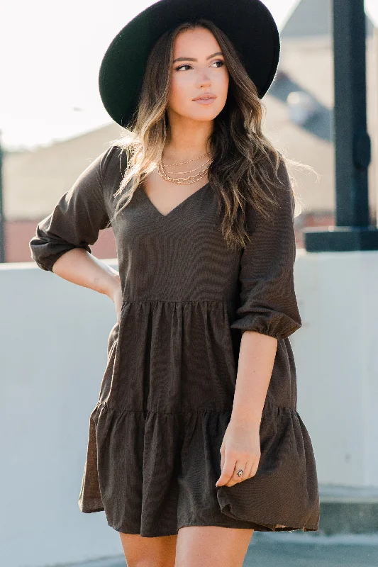 Feminine Dresses for Women in Bold Prints Feeling Good Brown Babydoll Dress