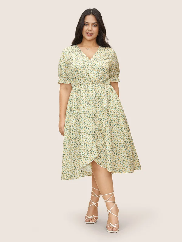 Elegant Women's Clothing Citrus Lemon Print Overlap Collar Lantern Sleeve Dress